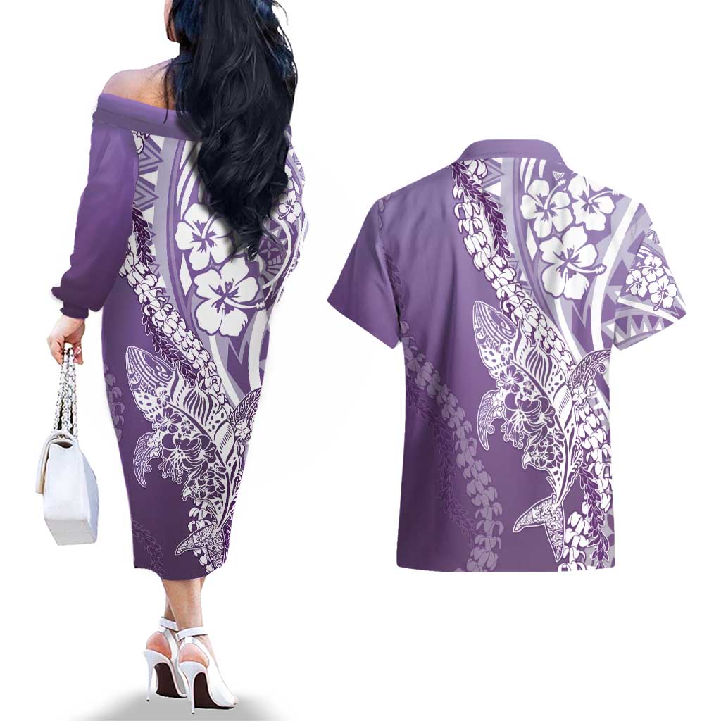 Hawaii Puakenikeni And Maile Lei Couples Matching Off The Shoulder Long Sleeve Dress and Hawaiian Shirt Violet Polynesian Shark Tattoo DT05