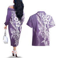 Hawaii Puakenikeni And Maile Lei Couples Matching Off The Shoulder Long Sleeve Dress and Hawaiian Shirt Violet Polynesian Shark Tattoo DT05