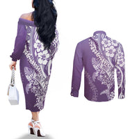 Hawaii Puakenikeni And Maile Lei Couples Matching Off The Shoulder Long Sleeve Dress and Long Sleeve Button Shirt Violet Polynesian Shark Tattoo DT05