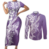 Hawaii Puakenikeni And Maile Lei Couples Matching Short Sleeve Bodycon Dress and Long Sleeve Button Shirt Violet Polynesian Shark Tattoo DT05