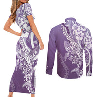 Hawaii Puakenikeni And Maile Lei Couples Matching Short Sleeve Bodycon Dress and Long Sleeve Button Shirt Violet Polynesian Shark Tattoo DT05