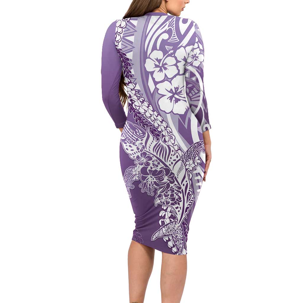 Hawaii Puakenikeni And Maile Lei Family Matching Long Sleeve Bodycon Dress and Hawaiian Shirt Violet Polynesian Shark Tattoo DT05