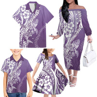 Hawaii Puakenikeni And Maile Lei Family Matching Off The Shoulder Long Sleeve Dress and Hawaiian Shirt Violet Polynesian Shark Tattoo DT05