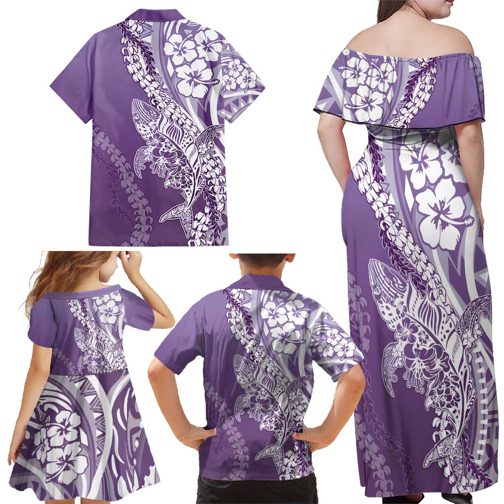 Hawaii Puakenikeni And Maile Lei Family Matching Off Shoulder Maxi Dress and Hawaiian Shirt Violet Polynesian Shark Tattoo DT05