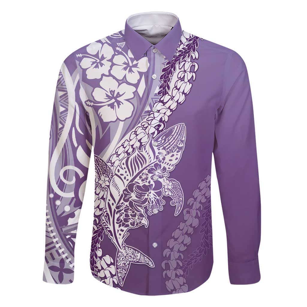 Hawaii Puakenikeni And Maile Lei Family Matching Off Shoulder Short Dress and Hawaiian Shirt Violet Polynesian Shark Tattoo DT05 Dad's Shirt - Long Sleeve Violet - Polynesian Pride