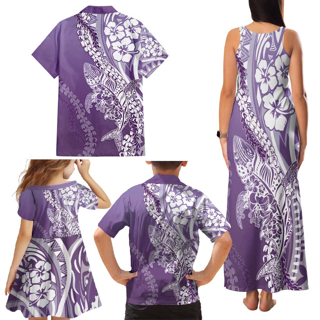 Hawaii Puakenikeni And Maile Lei Family Matching Tank Maxi Dress and Hawaiian Shirt Violet Polynesian Shark Tattoo DT05