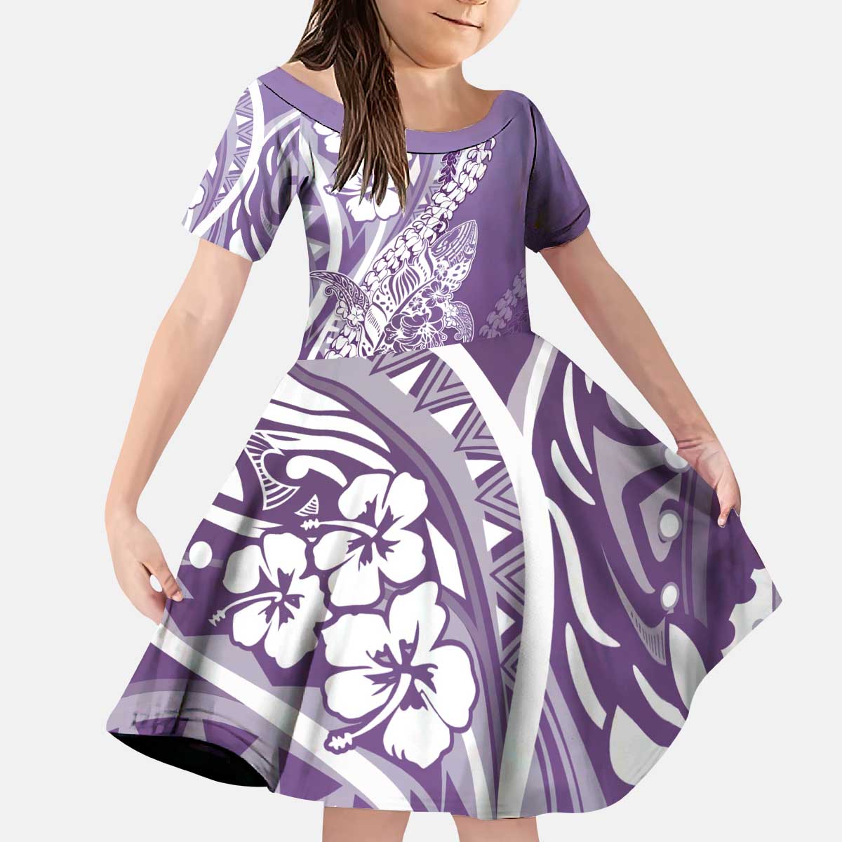 Hawaii Puakenikeni And Maile Lei Kid Short Sleeve Dress Violet Polynesian Shark Tattoo DT05
