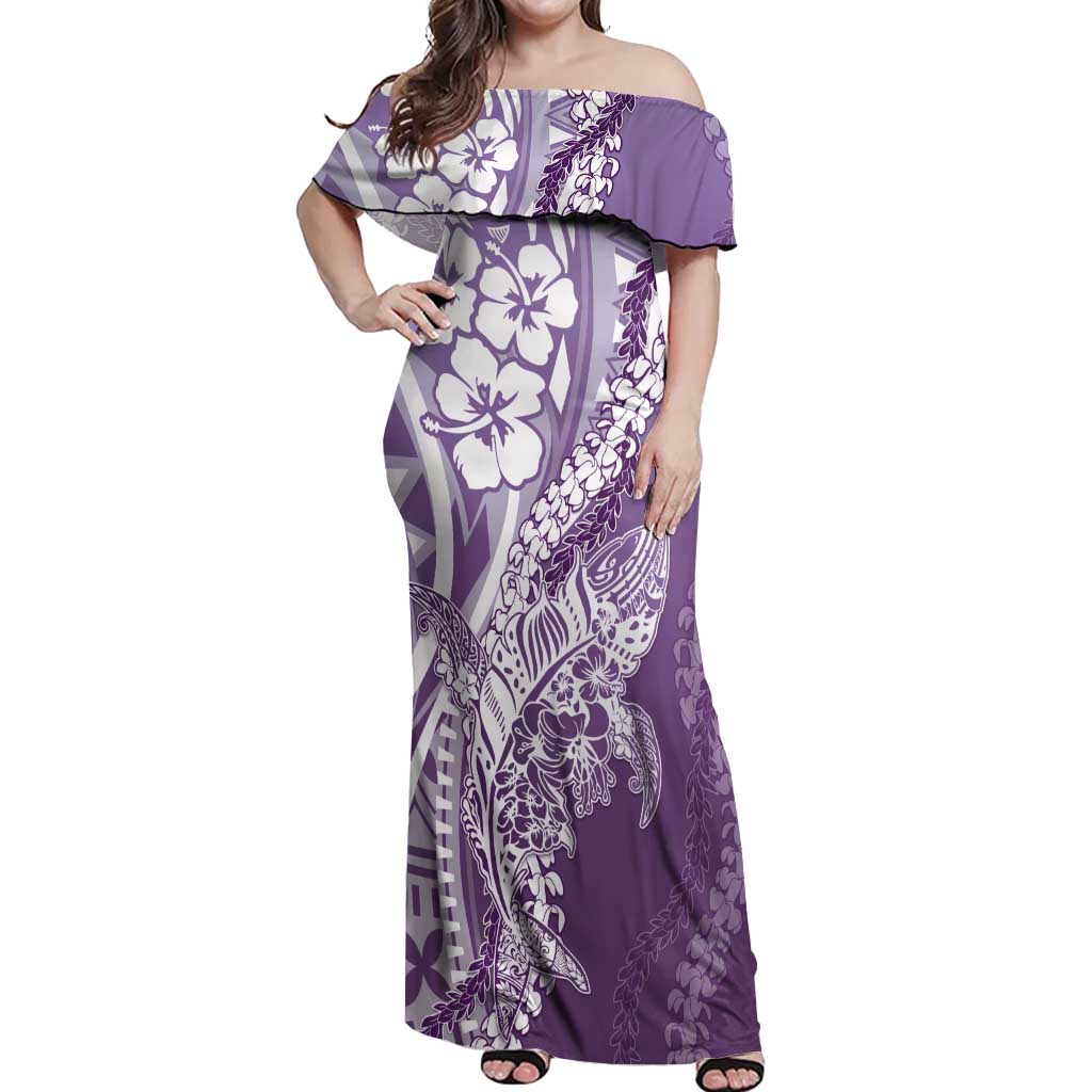 Hawaii Puakenikeni And Maile Lei Off Shoulder Maxi Dress Violet Polynesian Shark Tattoo DT05
