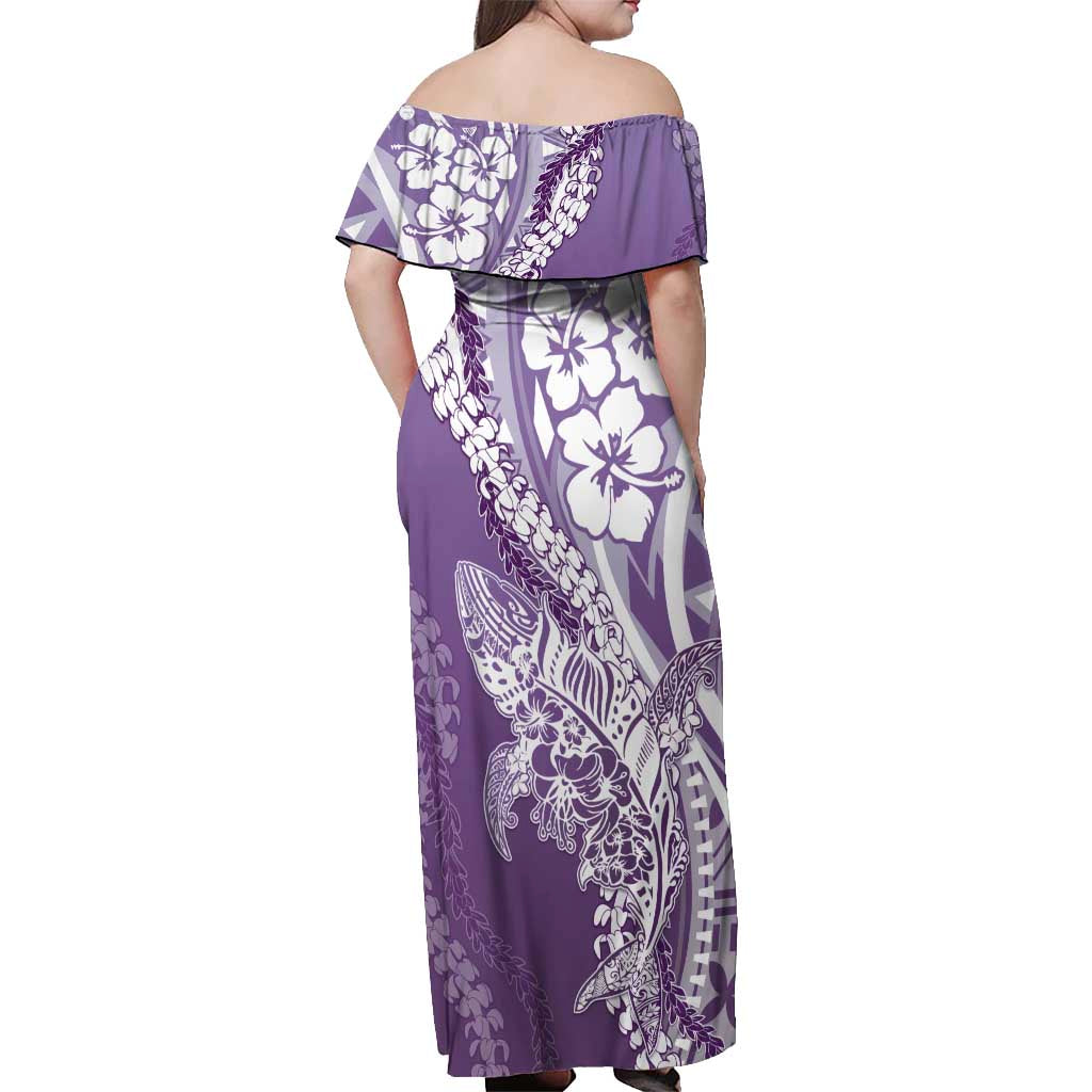 Hawaii Puakenikeni And Maile Lei Off Shoulder Maxi Dress Violet Polynesian Shark Tattoo DT05