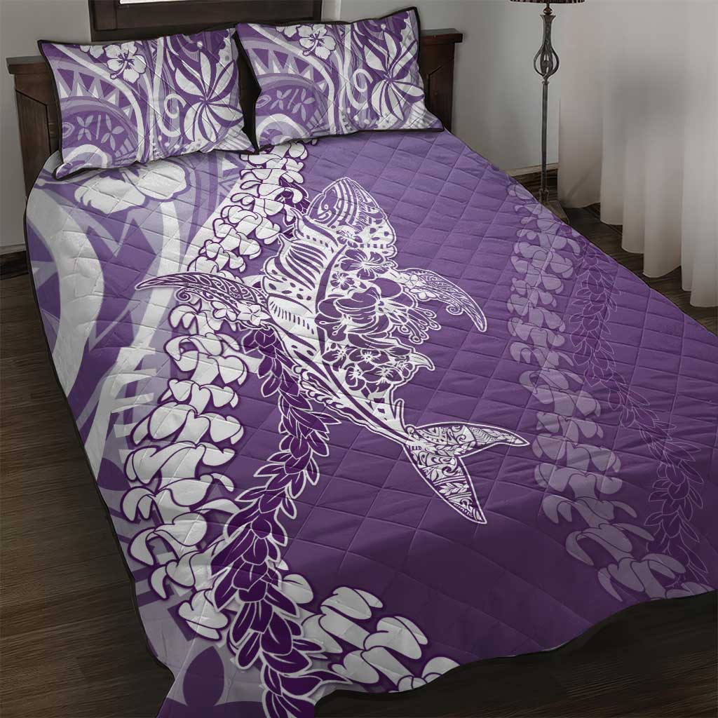 Hawaii Puakenikeni And Maile Lei Quilt Bed Set Violet Polynesian Shark Tattoo DT05