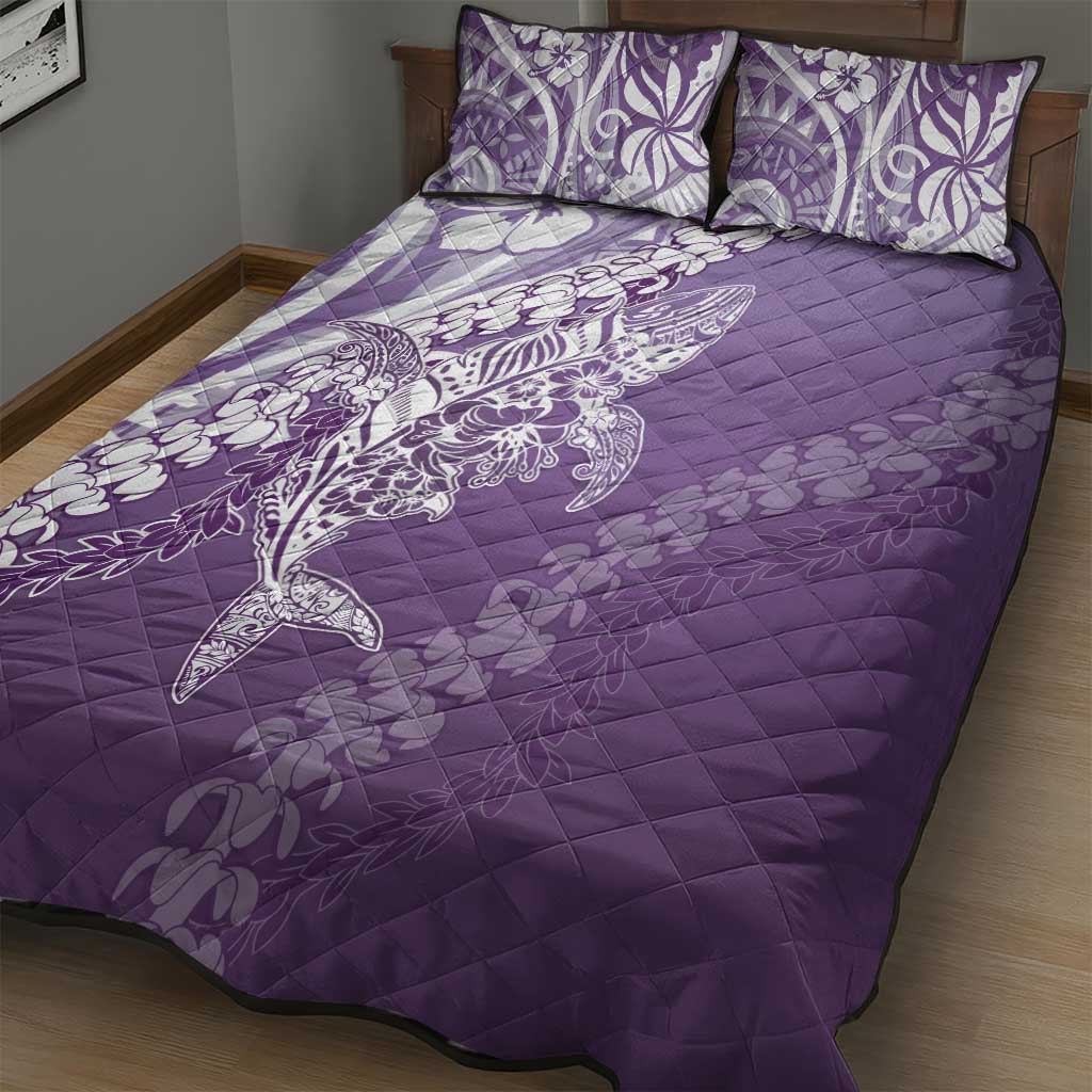 Hawaii Puakenikeni And Maile Lei Quilt Bed Set Violet Polynesian Shark Tattoo DT05
