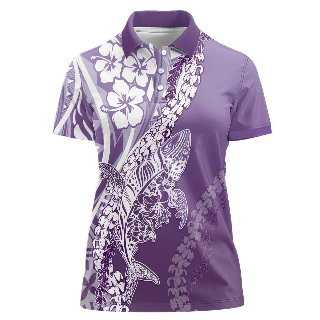 Hawaii Puakenikeni And Maile Lei Women Polo Shirt Violet Polynesian Shark Tattoo DT05