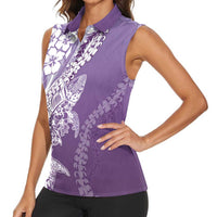 Hawaii Puakenikeni And Maile Lei Women Sleeveless Polo Shirt Violet Polynesian Shark Tattoo DT05