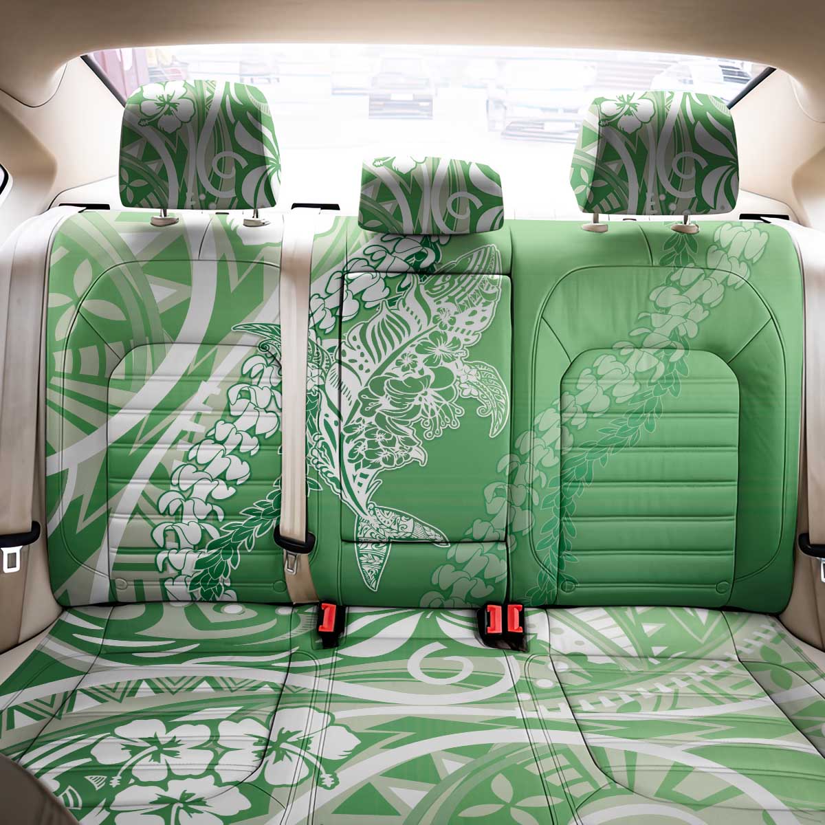 Hawaii Puakenikeni And Maile Lei Back Car Seat Cover Green Polynesian Shark Tattoo DT05