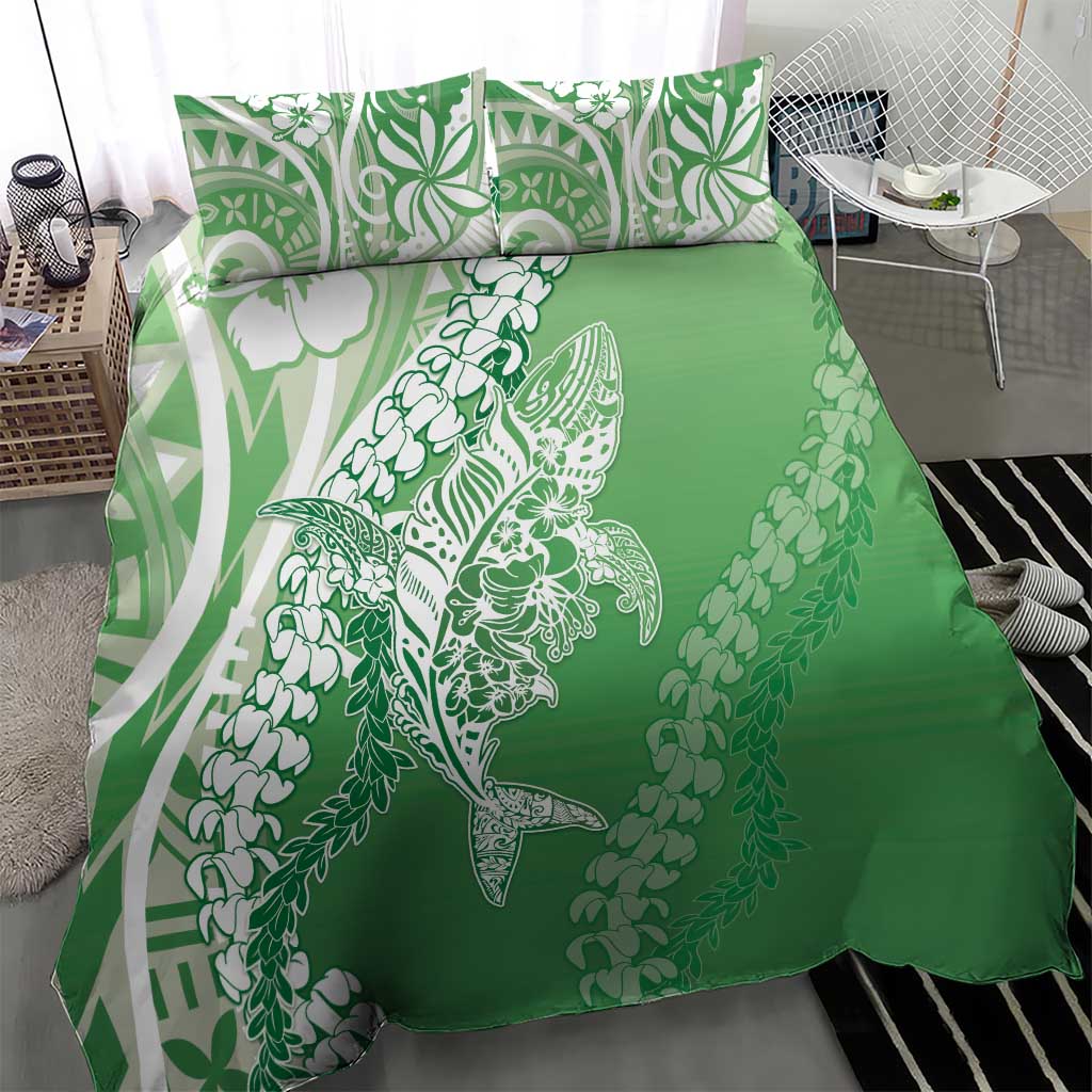 Hawaii Puakenikeni And Maile Lei Bedding Set Green Polynesian Shark Tattoo DT05
