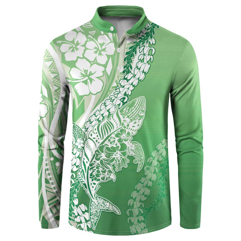 Hawaii Puakenikeni And Maile Lei Button Sweatshirt Green Polynesian Shark Tattoo DT05
