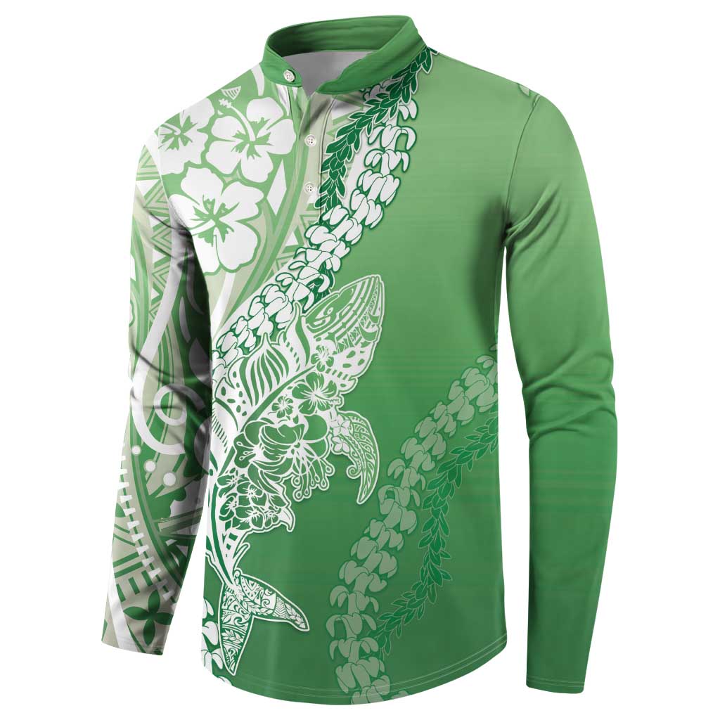 Hawaii Puakenikeni And Maile Lei Button Sweatshirt Green Polynesian Shark Tattoo DT05