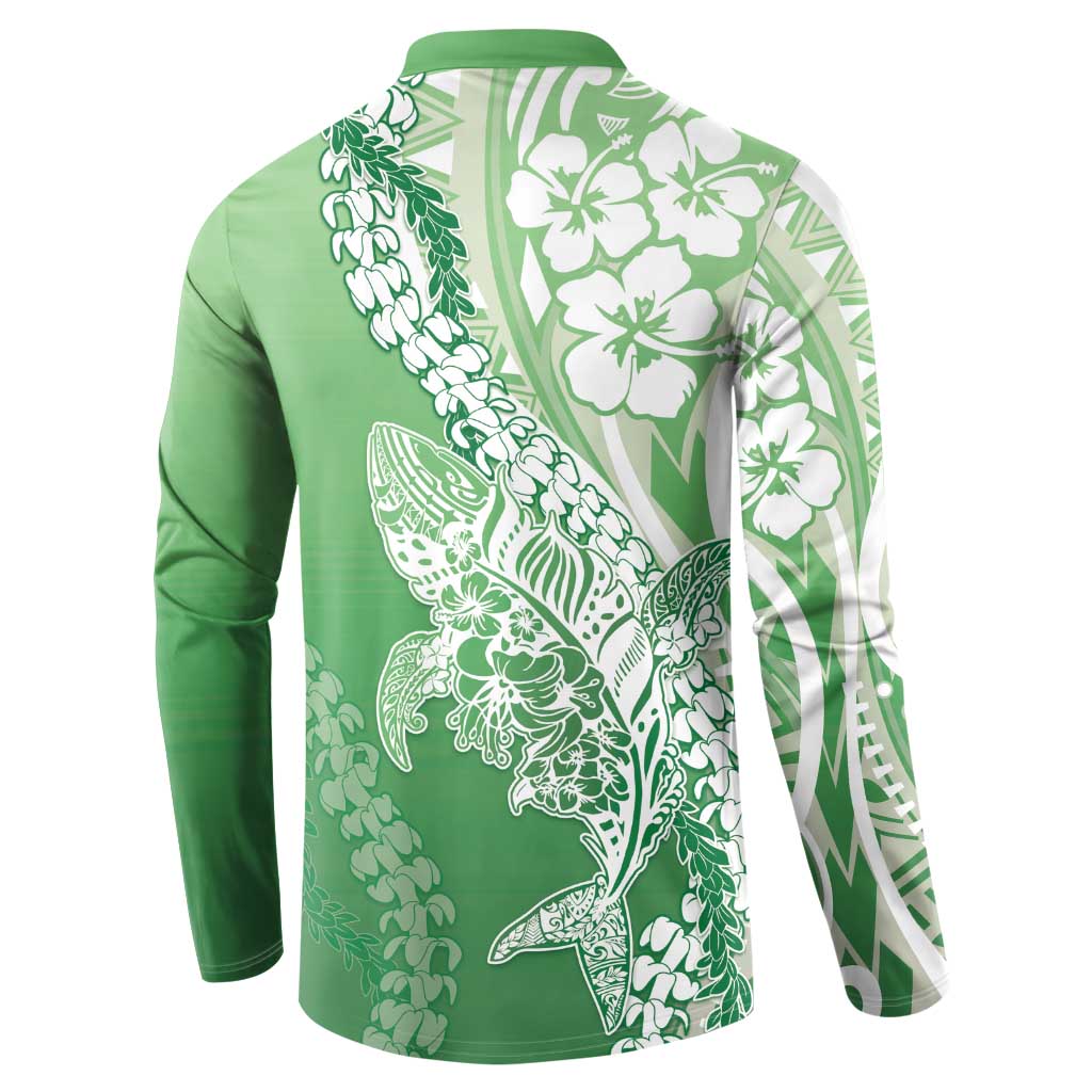 Hawaii Puakenikeni And Maile Lei Button Sweatshirt Green Polynesian Shark Tattoo DT05