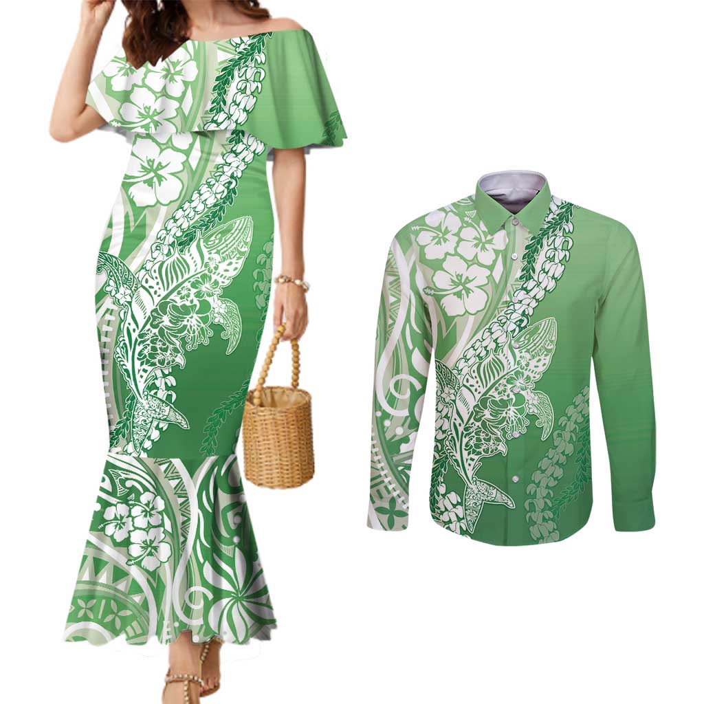 Hawaii Puakenikeni And Maile Lei Couples Matching Mermaid Dress and Long Sleeve Button Shirt Green Polynesian Shark Tattoo DT05