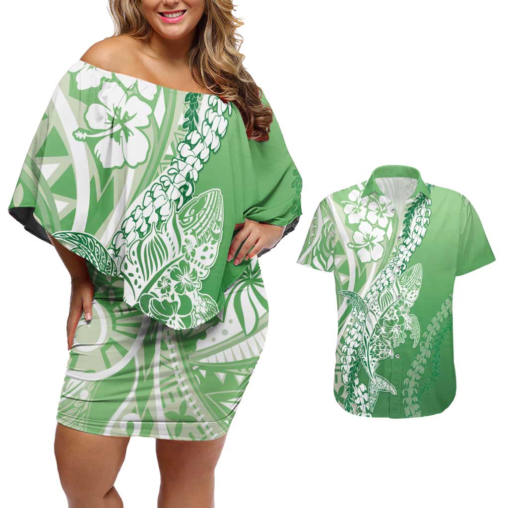 Hawaii Puakenikeni And Maile Lei Couples Matching Off Shoulder Short Dress and Hawaiian Shirt Green Polynesian Shark Tattoo DT05