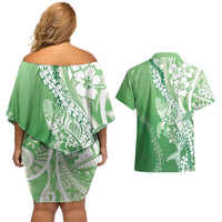 Hawaii Puakenikeni And Maile Lei Couples Matching Off Shoulder Short Dress and Hawaiian Shirt Green Polynesian Shark Tattoo DT05