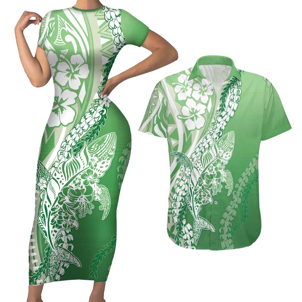 Hawaii Puakenikeni And Maile Lei Couples Matching Short Sleeve Bodycon Dress and Hawaiian Shirt Green Polynesian Shark Tattoo DT05