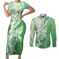 Hawaii Puakenikeni And Maile Lei Couples Matching Short Sleeve Bodycon Dress and Long Sleeve Button Shirt Green Polynesian Shark Tattoo DT05