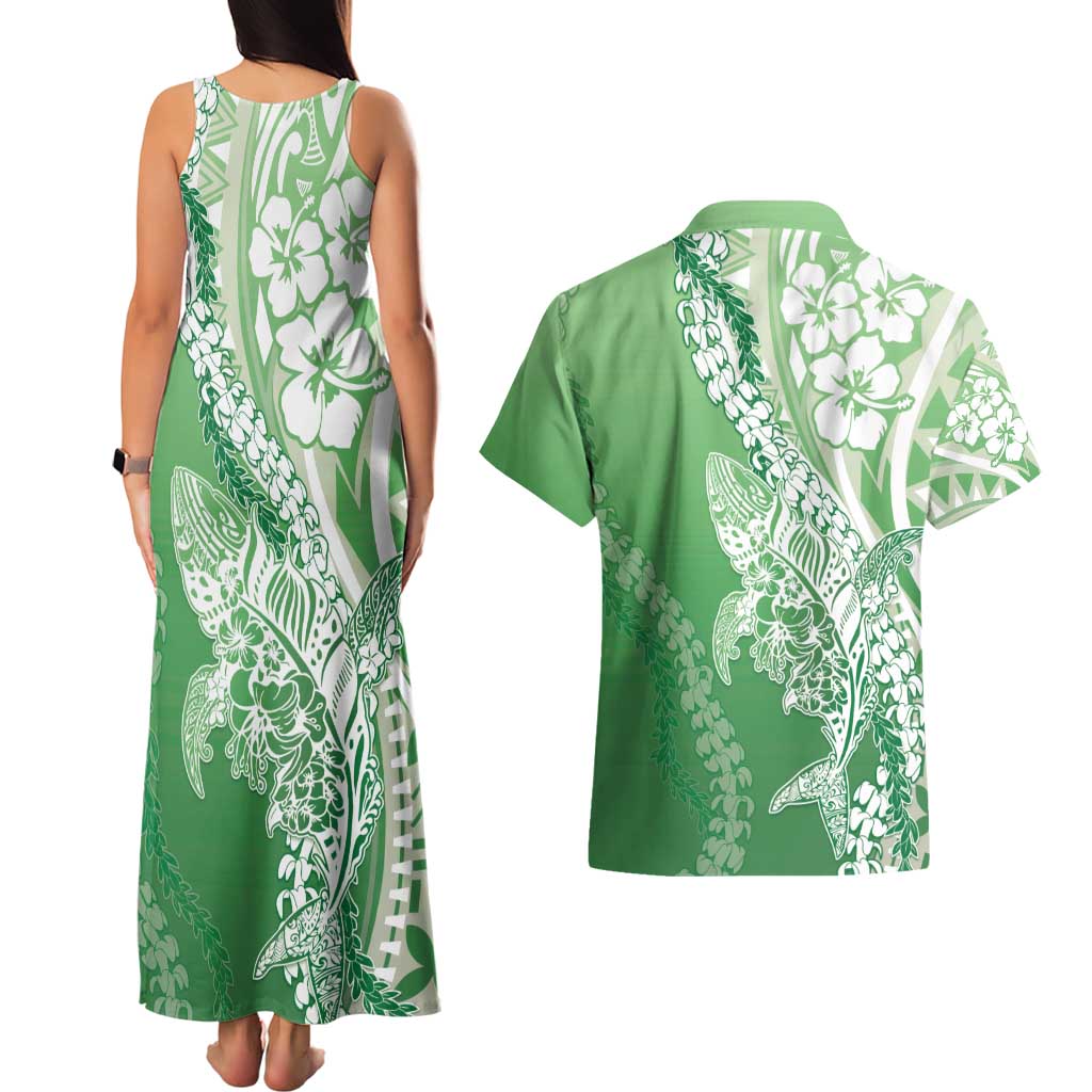 Hawaii Puakenikeni And Maile Lei Couples Matching Tank Maxi Dress and Hawaiian Shirt Green Polynesian Shark Tattoo DT05
