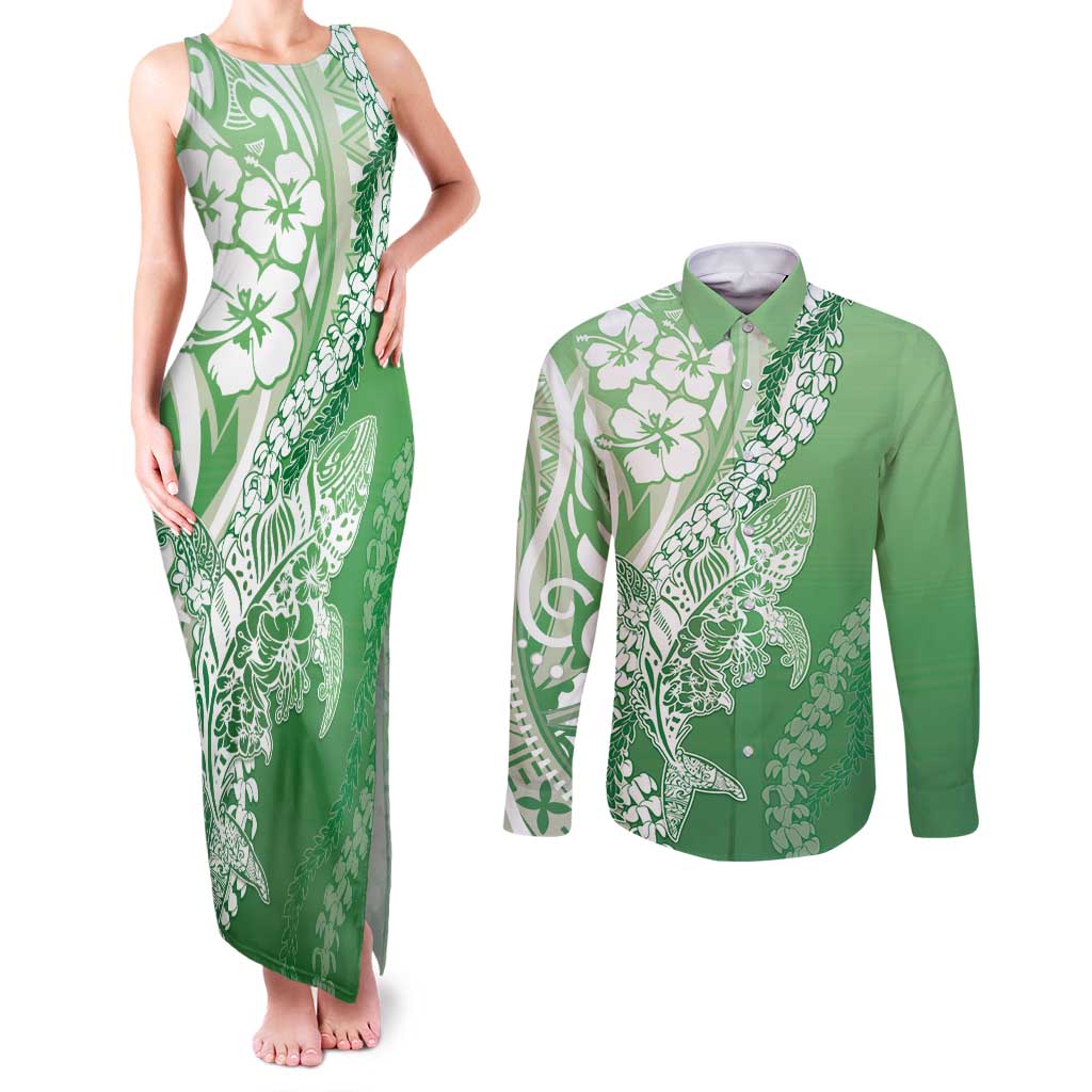 Hawaii Puakenikeni And Maile Lei Couples Matching Tank Maxi Dress and Long Sleeve Button Shirt Green Polynesian Shark Tattoo DT05