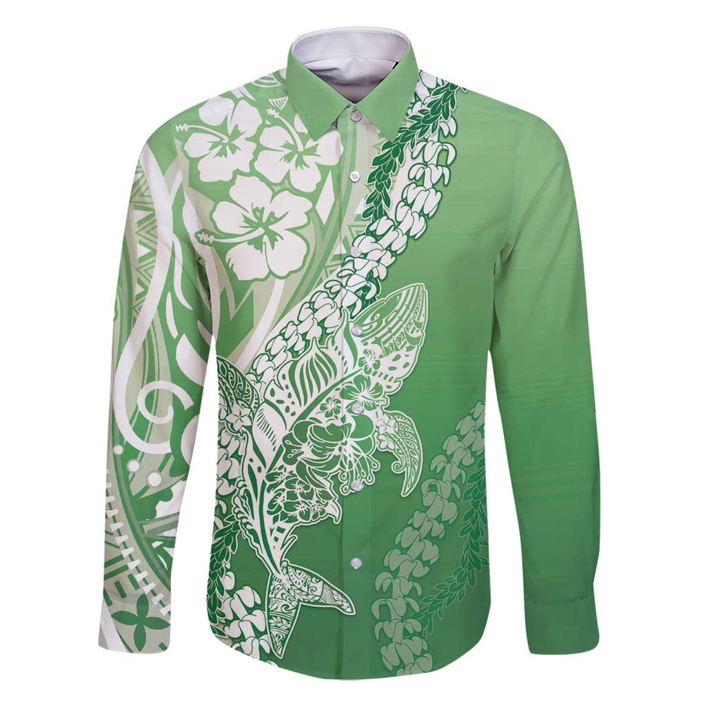 Hawaii Puakenikeni And Maile Lei Family Matching Long Sleeve Bodycon Dress and Hawaiian Shirt Green Polynesian Shark Tattoo DT05 Dad's Shirt - Long Sleeve Green - Polynesian Pride