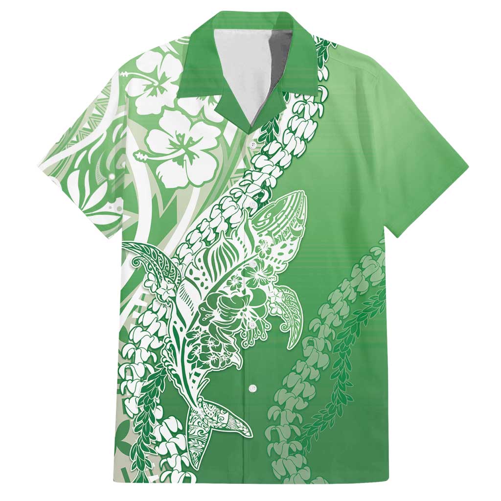 Hawaii Puakenikeni And Maile Lei Family Matching Off Shoulder Maxi Dress and Hawaiian Shirt Green Polynesian Shark Tattoo DT05