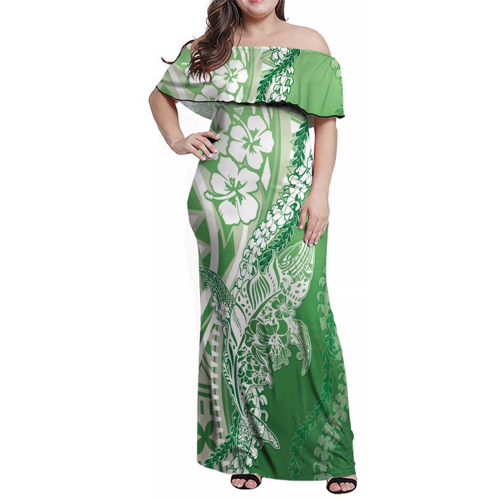 Hawaii Puakenikeni And Maile Lei Family Matching Off Shoulder Maxi Dress and Hawaiian Shirt Green Polynesian Shark Tattoo DT05
