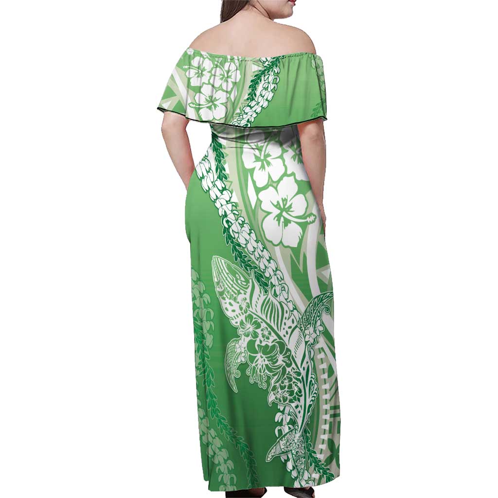 Hawaii Puakenikeni And Maile Lei Family Matching Off Shoulder Maxi Dress and Hawaiian Shirt Green Polynesian Shark Tattoo DT05