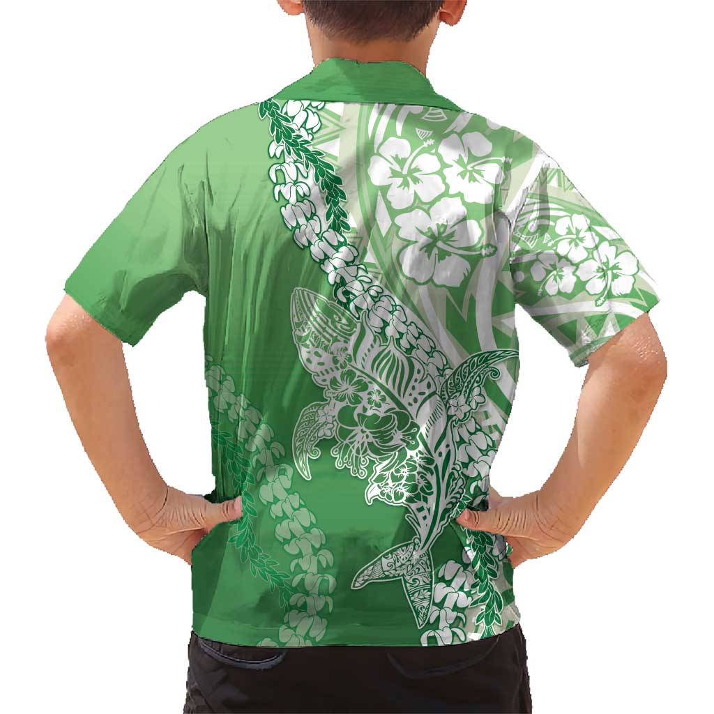 Hawaii Puakenikeni And Maile Lei Family Matching Short Sleeve Bodycon Dress and Hawaiian Shirt Green Polynesian Shark Tattoo DT05
