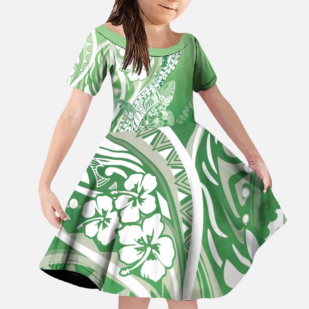Hawaii Puakenikeni And Maile Lei Family Matching Short Sleeve Bodycon Dress and Hawaiian Shirt Green Polynesian Shark Tattoo DT05