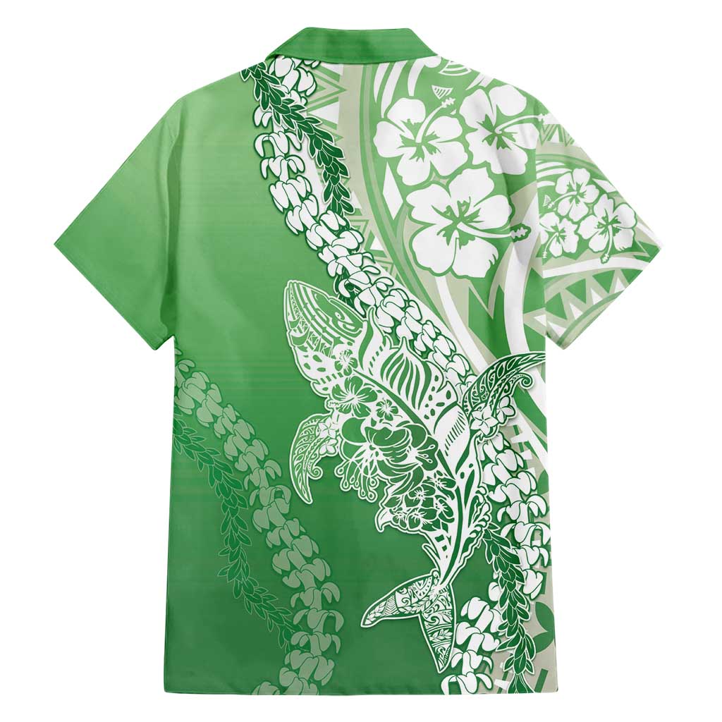 Hawaii Puakenikeni And Maile Lei Family Matching Short Sleeve Bodycon Dress and Hawaiian Shirt Green Polynesian Shark Tattoo DT05