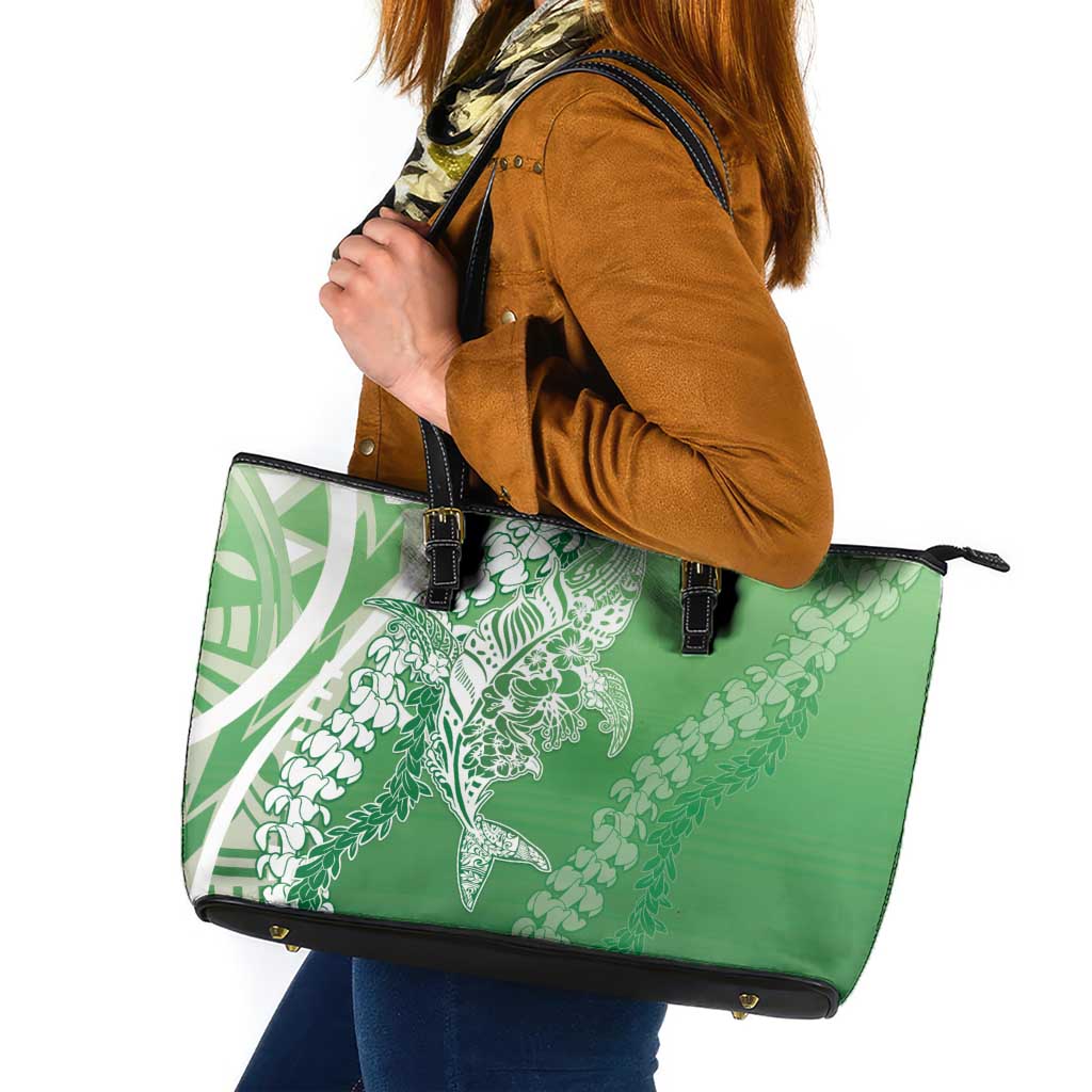 Hawaii Puakenikeni And Maile Lei Leather Tote Bag Green Polynesian Shark Tattoo DT05 Green - Polynesian Pride