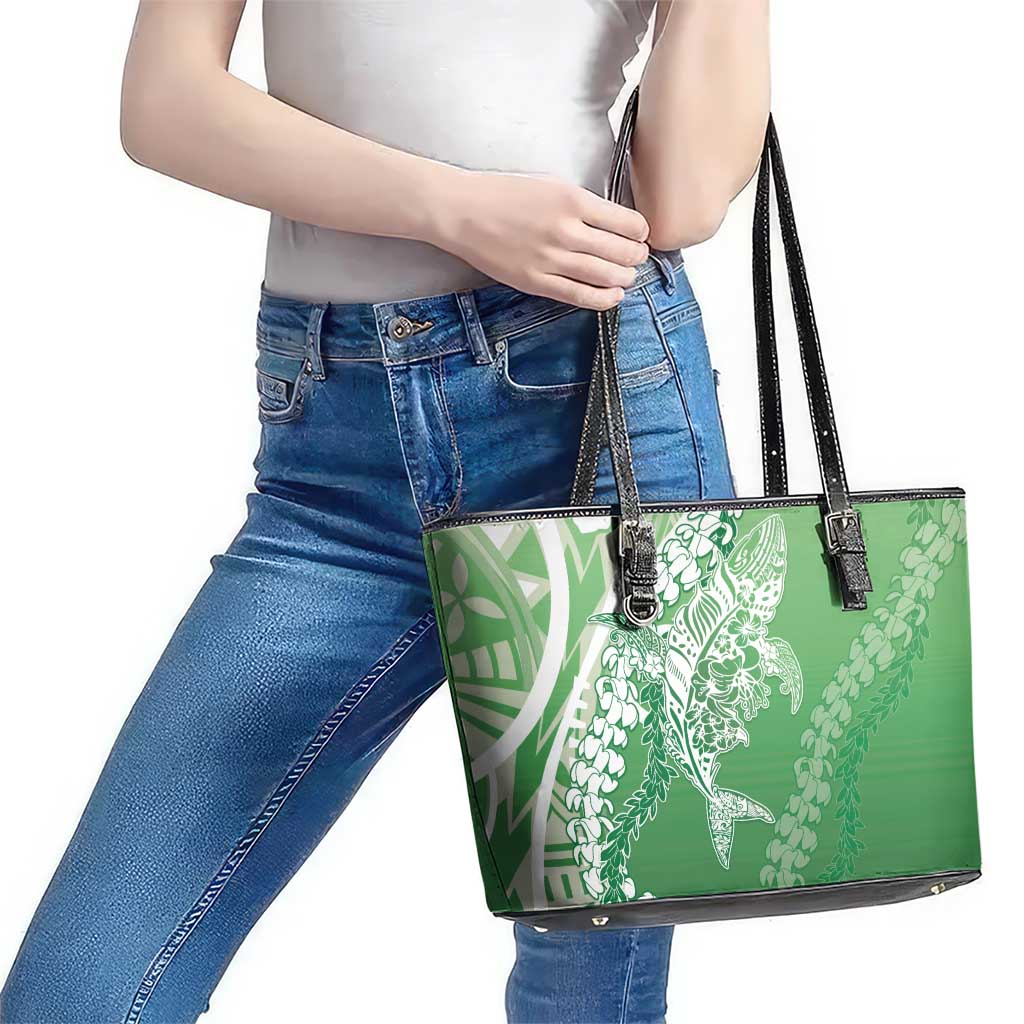 Hawaii Puakenikeni And Maile Lei Leather Tote Bag Green Polynesian Shark Tattoo DT05