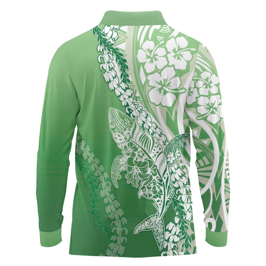 Hawaii Puakenikeni And Maile Lei Long Sleeve Polo Shirt Green Polynesian Shark Tattoo DT05