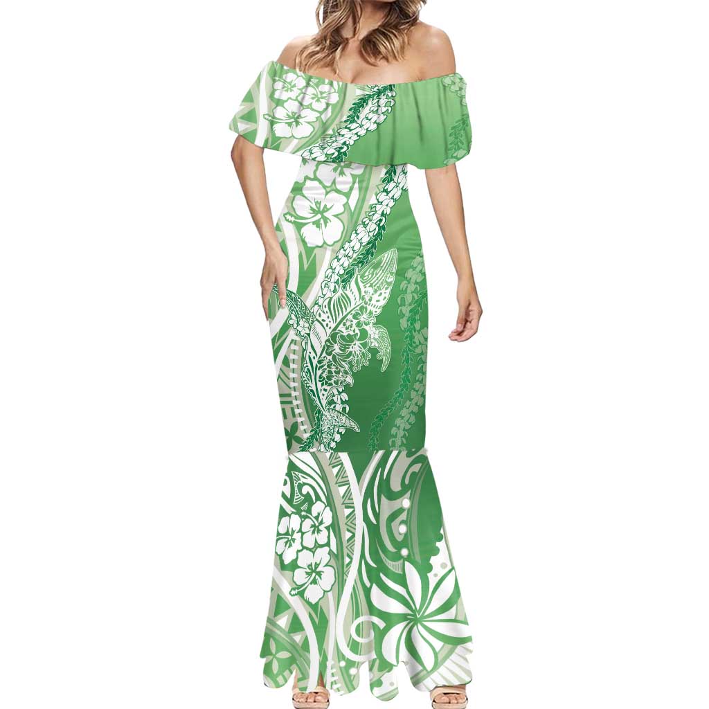 Hawaii Puakenikeni And Maile Lei Mermaid Dress Green Polynesian Shark Tattoo DT05