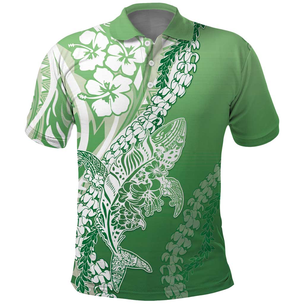 Hawaii Puakenikeni And Maile Lei Polo Shirt Green Polynesian Shark Tattoo DT05