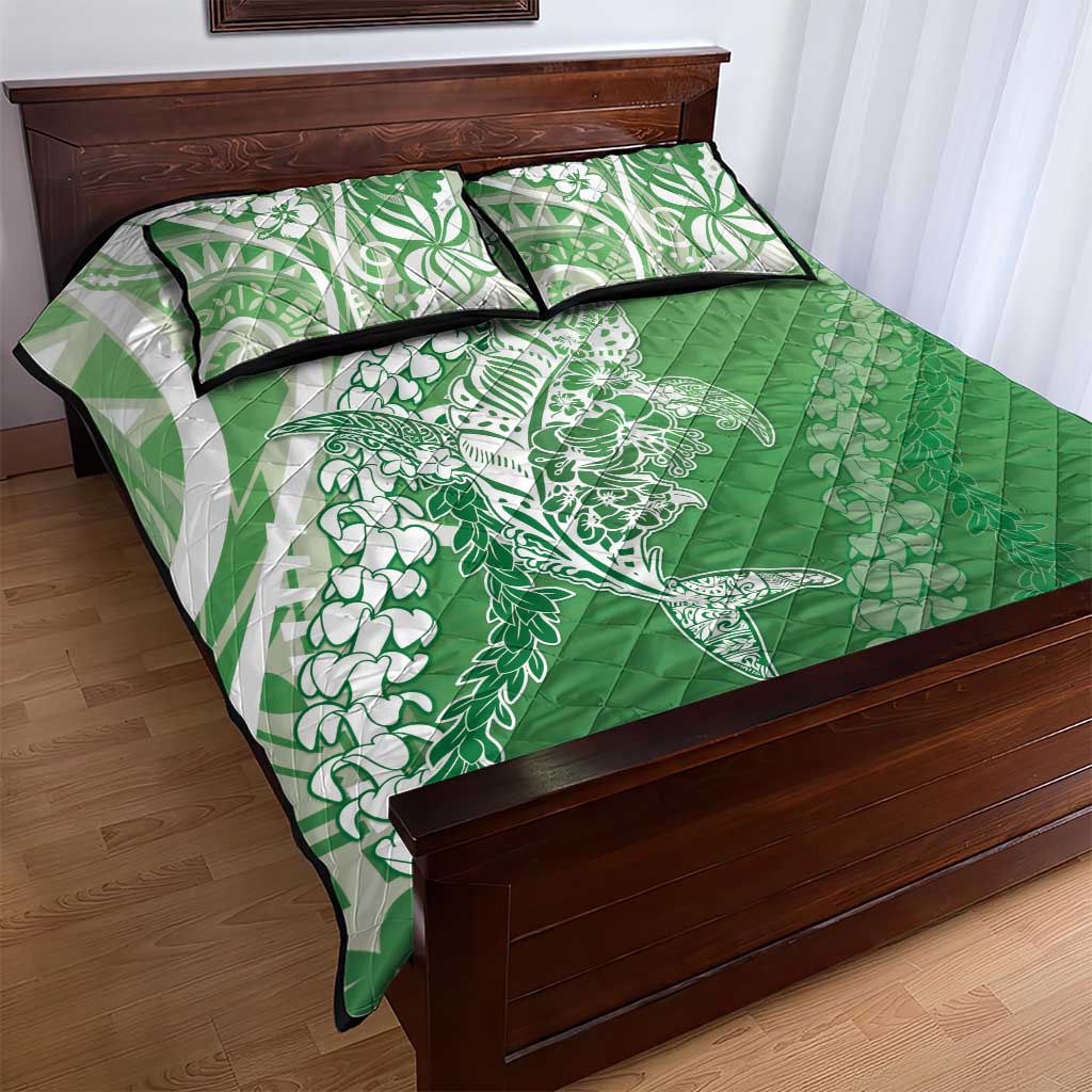 Hawaii Puakenikeni And Maile Lei Quilt Bed Set Green Polynesian Shark Tattoo DT05