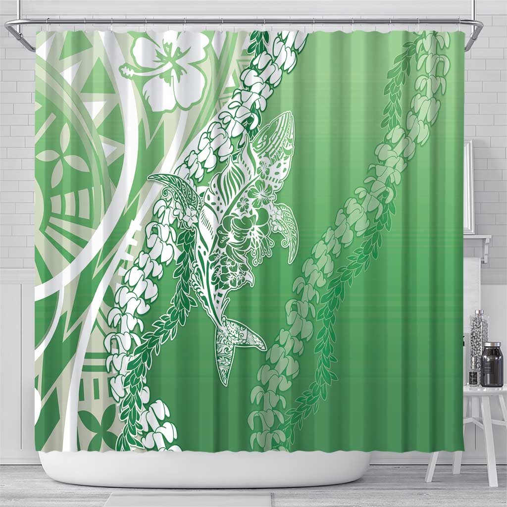 Hawaii Puakenikeni And Maile Lei Shower Curtain Green Polynesian Shark Tattoo DT05