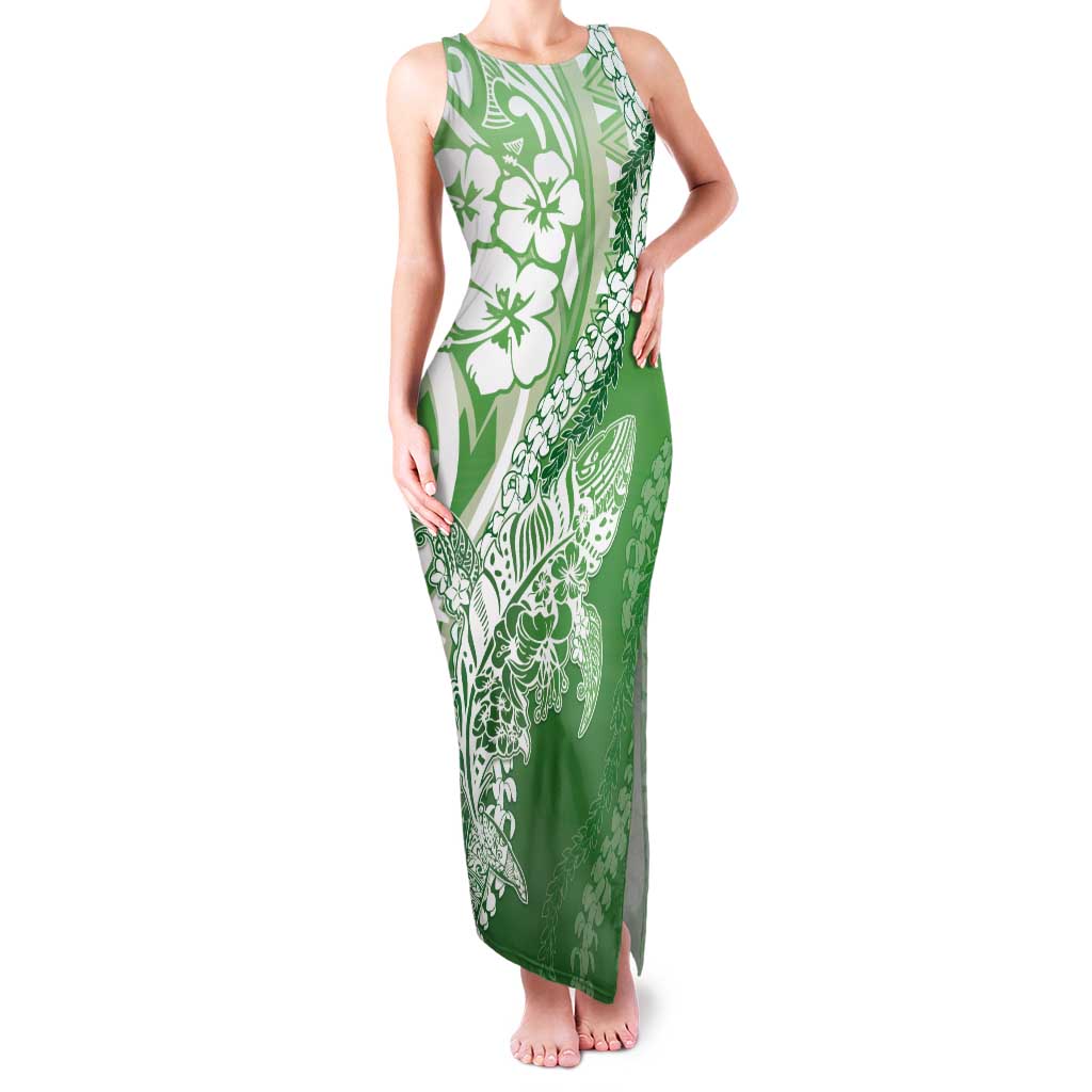 Hawaii Puakenikeni And Maile Lei Tank Maxi Dress Green Polynesian Shark Tattoo DT05