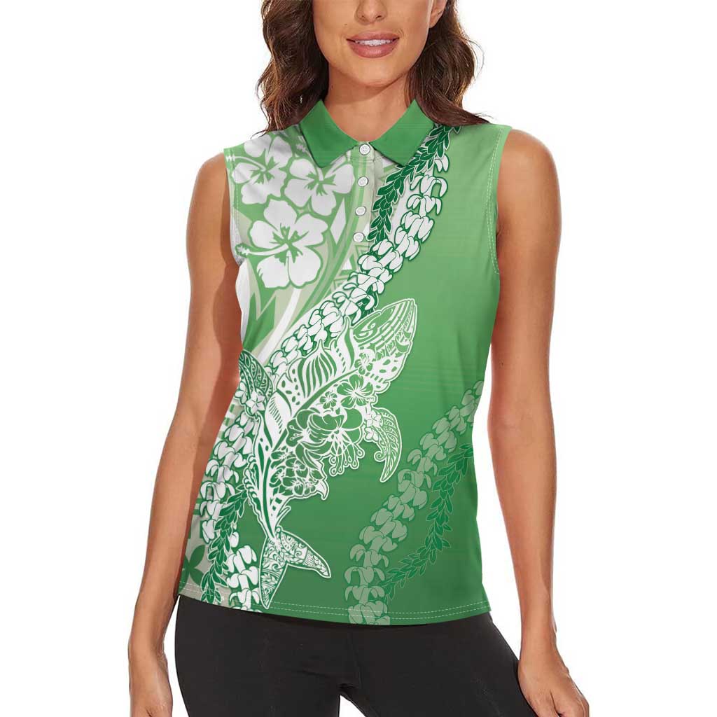 Hawaii Puakenikeni And Maile Lei Women Sleeveless Polo Shirt Green Polynesian Shark Tattoo DT05