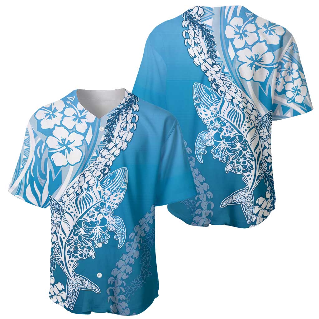 Hawaii Puakenikeni And Maile Lei Baseball Jersey Blue Polynesian Shark Tattoo DT05