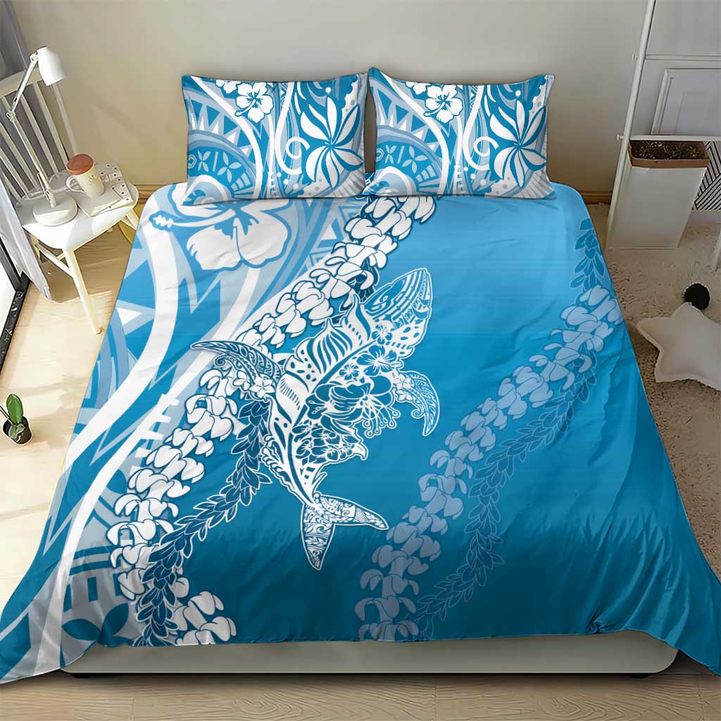 Hawaii Puakenikeni And Maile Lei Bedding Set Blue Polynesian Shark Tattoo DT05