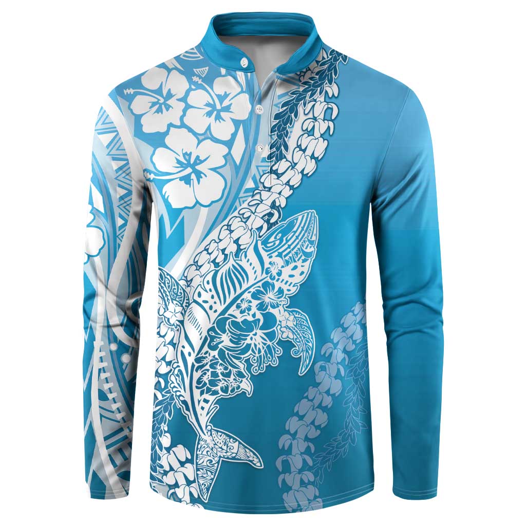 Hawaii Puakenikeni And Maile Lei Button Sweatshirt Blue Polynesian Shark Tattoo DT05