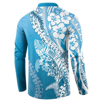 Hawaii Puakenikeni And Maile Lei Button Sweatshirt Blue Polynesian Shark Tattoo DT05