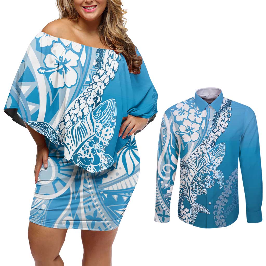 Hawaii Puakenikeni And Maile Lei Couples Matching Off Shoulder Short Dress and Long Sleeve Button Shirt Blue Polynesian Shark Tattoo DT05